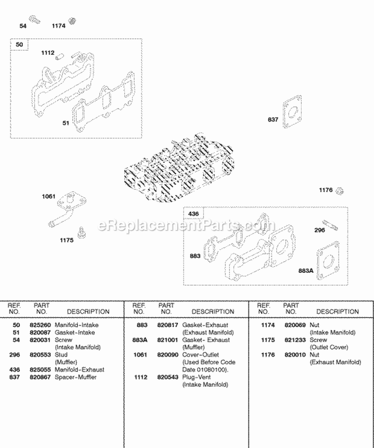 Intake Manifold Exhaust Manifold Diagram and Parts List for 584447-0205-E2  Briggs and Stratton Engine